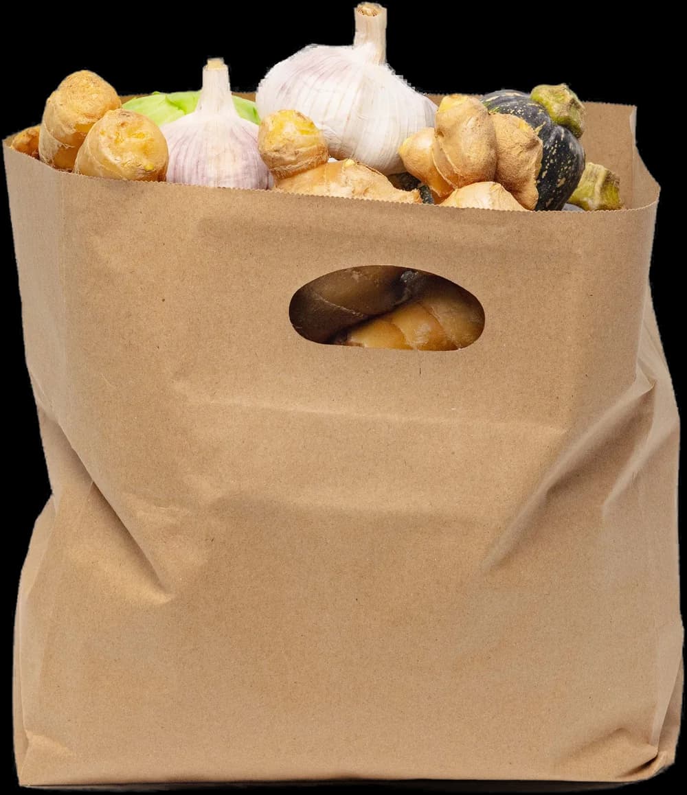 A paper bag of yam, ginger, garlic and squash